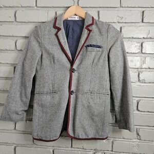 Kana Boys Grey Herringbone Blazer Burgundy Trim Polka Dot Lining Size 10